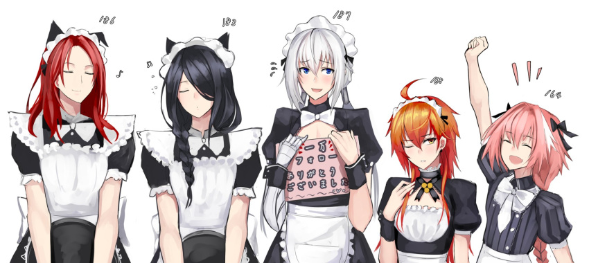 5boys ahoge alternate_costume animal_ears bedivere black_hair blue_eyes blush braid caster_(fate/prototype_fragments) cat_ears closed_eyes crossdressinging enmaided fate/apocrypha fate/grand_order fate/prototype fate/prototype:_fragments_of_blue_and_silver fate_(series) highres looking_at_viewer maid multiple_boys one_eye_closed orange_hair pink_hair rama_(fate/grand_order) redhead rider_of_black shijiu_(adamhutt) short_hair translation_request trap tristan_(fate/grand_order) white_background white_hair