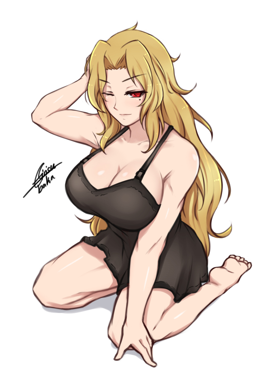 1girl absurdres airisubaka blonde_hair breasts daidouji_(senran_kagura) hand_on_own_head highres long_hair mole muscle muscular_female nightgown one_eye_closed red_eyes senran_kagura signature simple_background