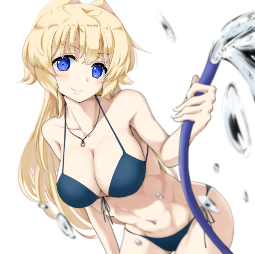 1girl abs bangs bare_arms bare_shoulders bikini blonde_hair blue_bikini blue_eyes blurry blush breasts collarbone cowboy_shot depth_of_field hair_intakes hose jewelry large_breasts leaning_forward long_hair looking_at_viewer navel necklace regalia_the_three_sacred_stars rocha_(aloha_ro_cha) simple_background smile solo swimsuit tareme water white_background yuinshiel_asteria