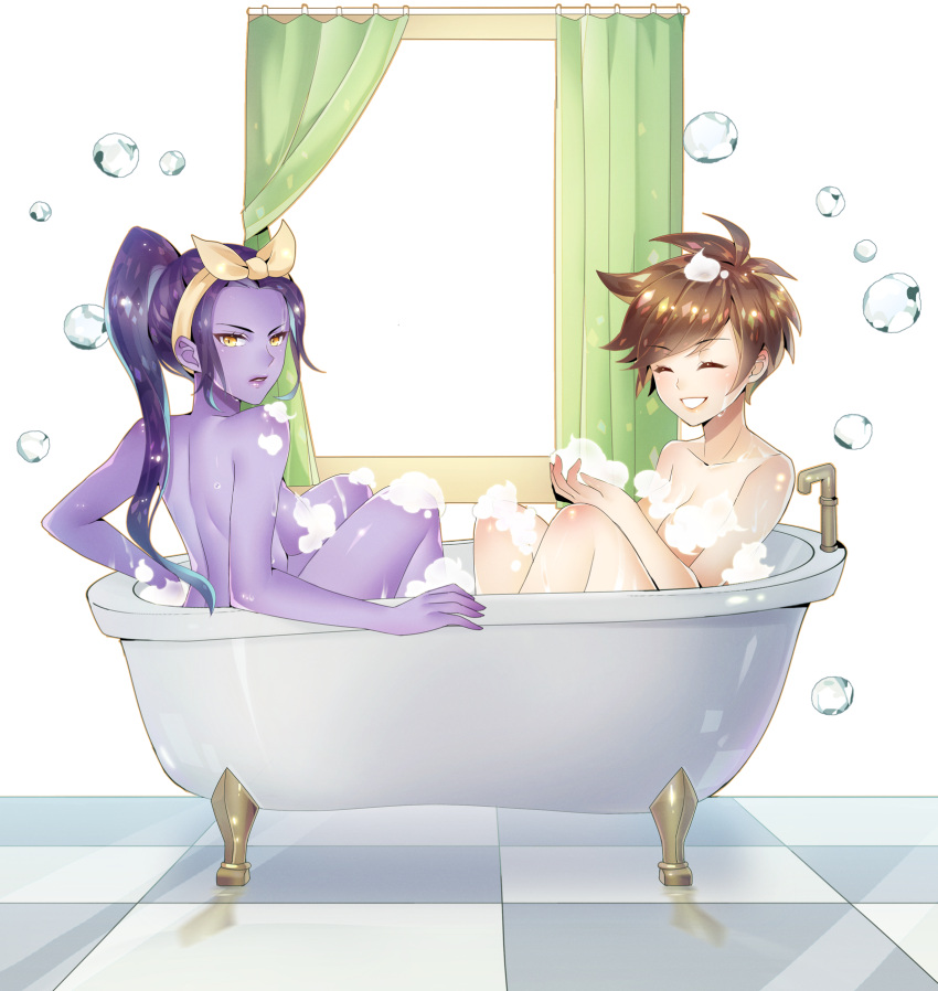 2girls atobesakunolove back bath bathing bathtub breasts brown_hair bubble_bath curtains grin highres indoors large_breasts long_hair looking_at_viewer multiple_girls open_mouth overwatch ponytail purple_hair purple_skin reflection shared_bathing short_hair shoulder_blades simple_background smile spiky_hair tile_floor tiles tracer_(overwatch) white_background widowmaker_(overwatch) yuri