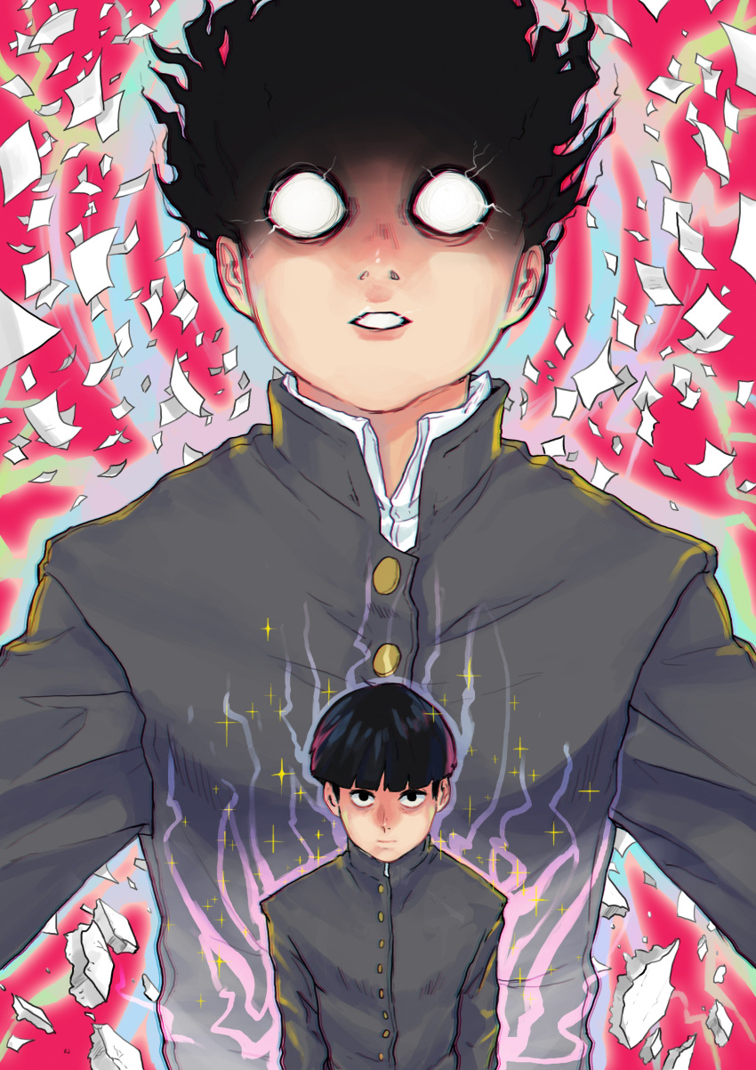 1boy absurdres aura black_hair bowl_cut chromatic_aberration debris empty_eyes gakuran highres kageyama_shigeo male_focus mob_psycho_100 paper saaiiro school_uniform solo sparkle