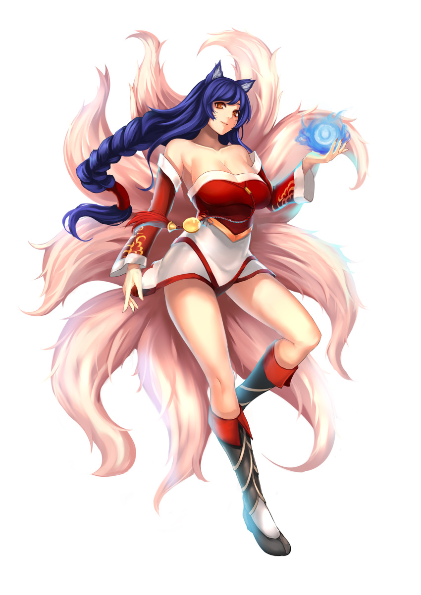 ahri animal_ears bare_shoulders black_hair breasts cleavage collarbone detached_sleeves energy_ball facial_mark fingernails fox_ears fox_tail full_body highres korean_clothes large_breasts league_of_legends lips long_hair multiple_tails nail_polish simple_background slit_pupils tail whisker_markings white_background yashichii yellow_eyes