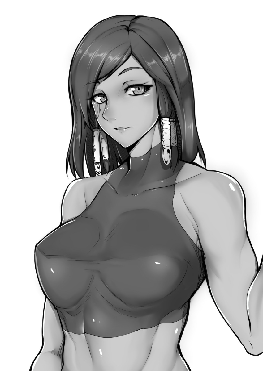 1girl bare_shoulders braid breasts breasts_apart collarbone dark_skin eye_of_horus eyebrows eyebrows_visible_through_hair eyelashes facial_mark facial_tattoo gggg greyscale hair_tubes highres impossible_clothes large_breasts lips looking_at_viewer monochrome overwatch parted_lips pharah_(overwatch) shirt short_hair side_braids skin_tight sleeveless solo tattoo taut_clothes taut_shirt turtleneck upper_body