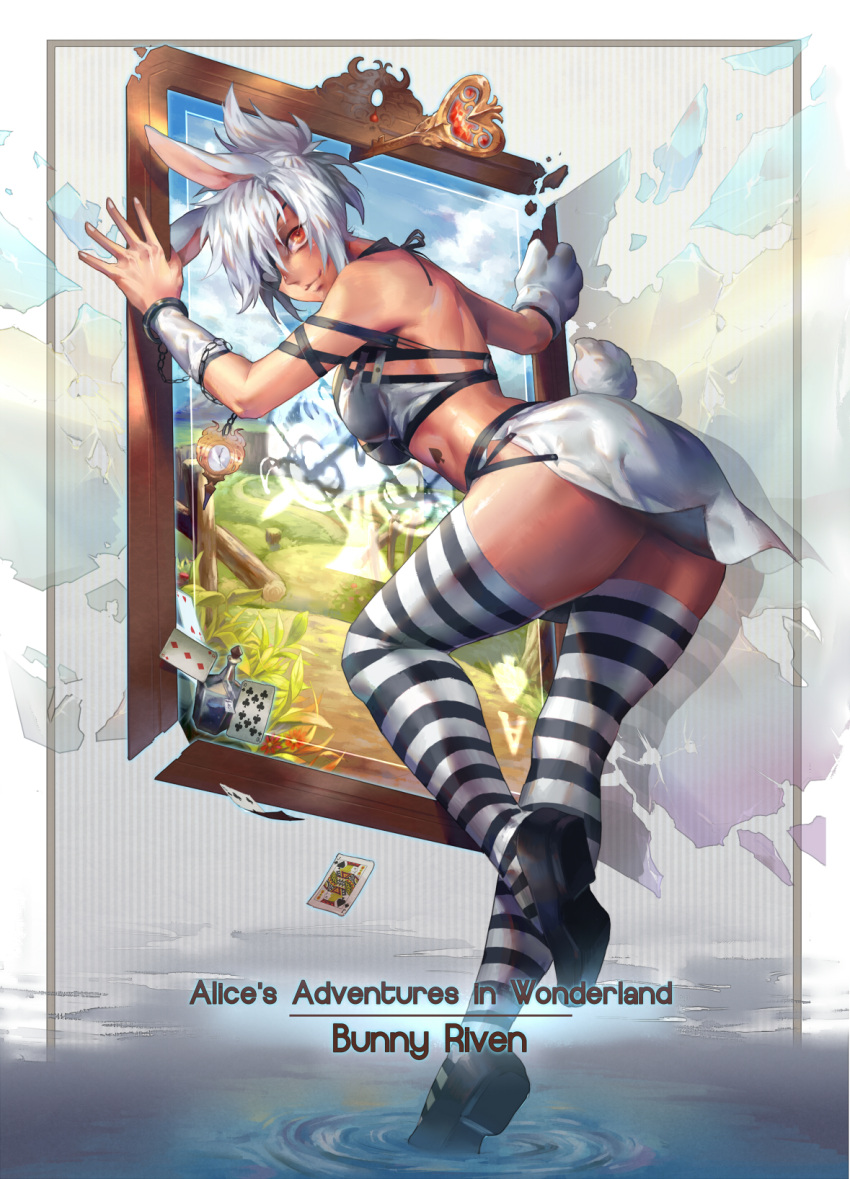 1girl alice_in_wonderland animal_ears bunny_tail card character_name clock eyepatch gloves highres kemonomimi_mode league_of_legends orange_eyes paw_gloves rabbit_ears riven_(league_of_legends) short_hair single_glove smile solo striped striped_legwear tail thigh-highs white_hair xiao_ji_(kair030)