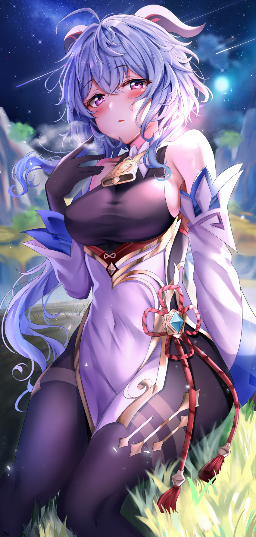 absurdres ahoge bangs bare_shoulders bell black_gloves black_legwear blue_hair blush breasts chinese_knot covered_navel curled_horns detached_sleeves eyebrows_visible_through_hair flower_knot full_moon furong_(furong_0) ganyu_(genshin_impact) genshin_impact gloves gold_trim highres horns large_breasts long_hair looking_at_viewer medium_breasts moon neck_bell night night_sky outdoors pantyhose sideboob sitting sky solo tassel thighlet thighs violet_eyes vision_(genshin_impact) white_sleeves