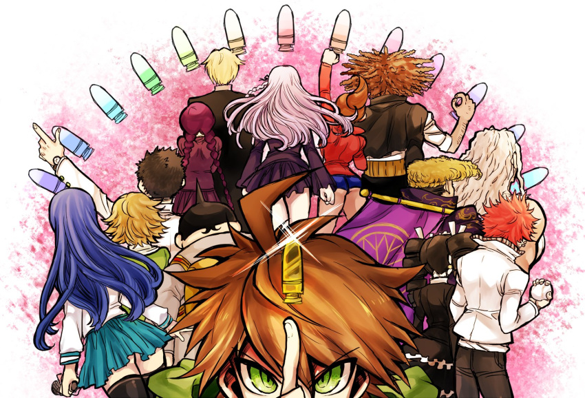 6+boys 6+girls ahoge asahina_aoi black_hair blonde_hair blue_hair braid brown_hair bullet celestia_ludenberck dangan_ronpa dangan_ronpa_1 drill_hair flag from_behind fujisaki_chihiro fukawa_touko green_eyes hagakure_yasuhiro haramaki highres hood hoodie index_finger_raised ishimaru_kiyotaka jacket jacket_on_shoulders kirigiri_kyouko kuwata_reon maizono_sayaka multiple_boys multiple_girls naegi_makoto oogami_sakura oowada_mondo pompadour purple_hair redhead school_uniform shorts single_braid skirt takashi_(onikukku) togami_byakuya track_jacket twin_braids twin_drills yamada_hifumi