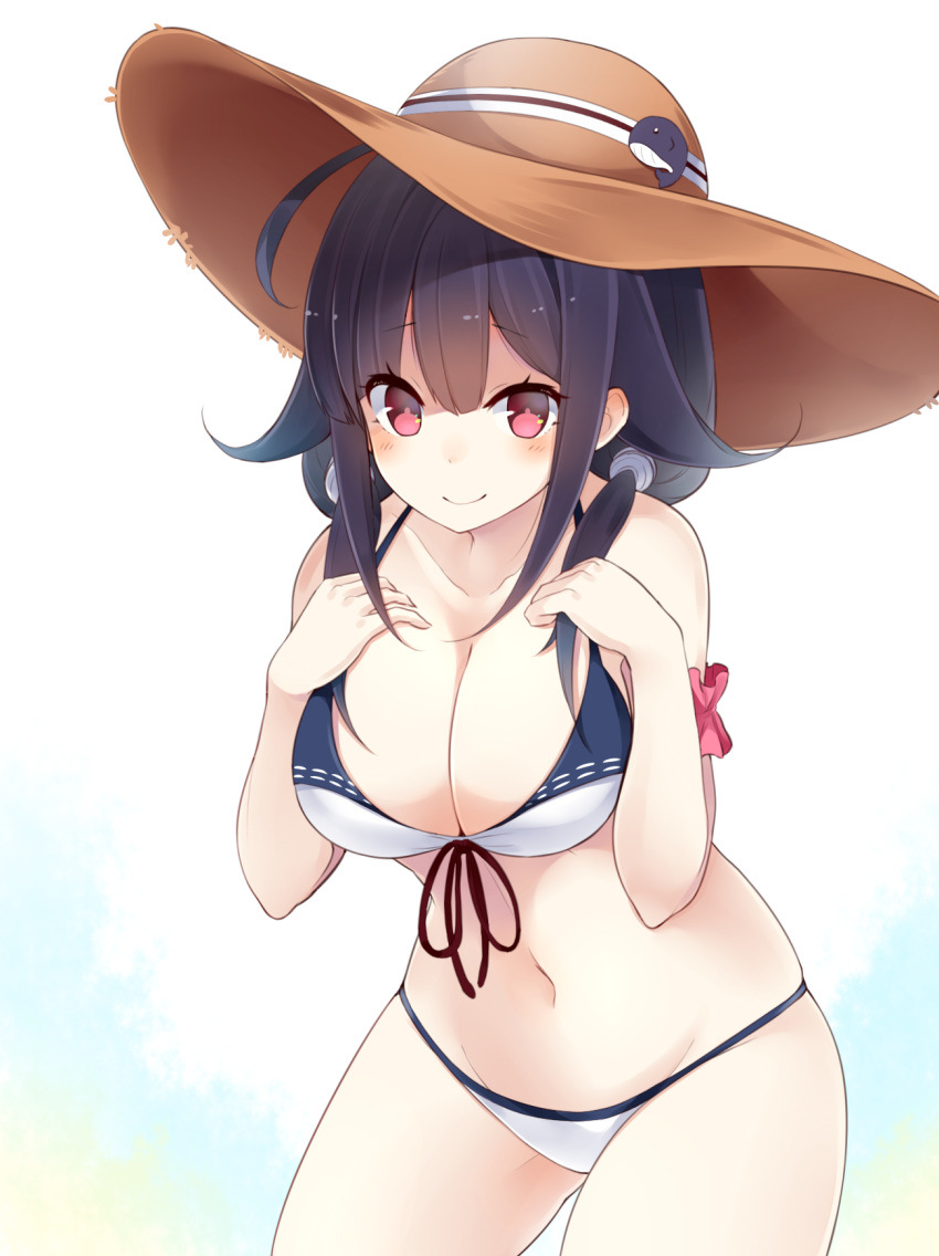 1girl ahoge arm_garter bangs bikini blush breast_suppress breasts cleavage closed_mouth collarbone cowboy_shot eyebrows eyebrows_visible_through_hair front-tie_bikini front-tie_top hair_over_shoulder hat hat_ribbon highres kantai_collection large_breasts looking_at_viewer low_twintails makiya_1919 navel red_eyes ribbon skindentation smile solo stomach swimsuit taigei_(kantai_collection) twintails whale_print white_background