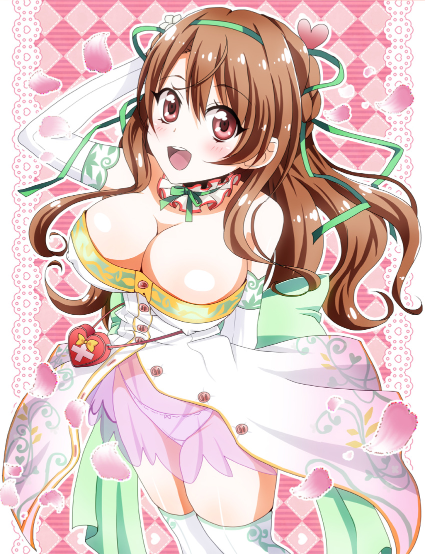 1girl :d argyle argyle_background bare_shoulders breasts brown_eyes brown_hair buttons cleavage cowboy_shot detached_collar dress elbow_gloves erect_nipples flower_knight_girl gloves green_ribbon hair_ribbon highres jacket large_breasts long_hair looking_at_viewer masako_(sabotage-mode) nazuna_(flower_knight_girl) open_mouth panties pink_background pink_skirt ribbon see-through skirt smile solo strapless strapless_dress thigh-highs underwear white_gloves white_legwear