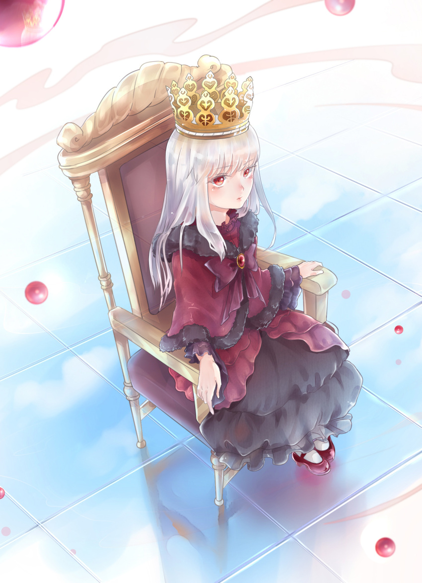 1girl bluebluecathy crown dress highres k_(anime) kushina_anna red_eyes sitting solo throne tile_floor tiles white_hair white_legwear