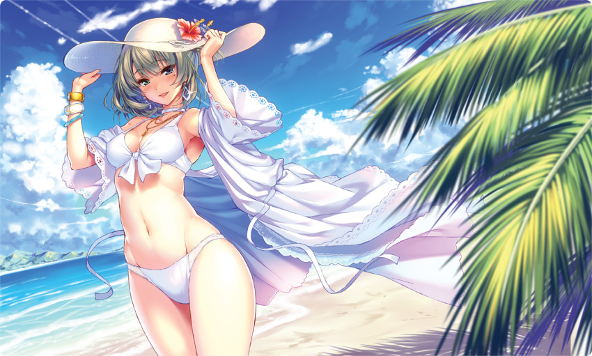 1girl arms_up bangle bare_shoulders beach bikini blue_eyes blush bracelet breasts brown_hair choker cleavage clouds cloudy_sky collarbone dress dutch_angle earrings flower front-tie_top green_eyes green_hair hands_on_headwear hat hat_flower heterochromia hibiscus idolmaster idolmaster_cinderella_girls jewelry looking_at_viewer matching_hair/eyes mole mole_under_eye navel necklace ocean open_clothes open_dress open_mouth outdoors piromizu short_hair sky smile solo sun_hat swimsuit takagaki_kaede white_bikini white_swimsuit wind wind_lift