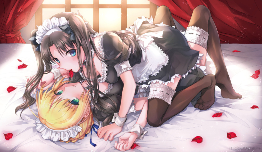 2girls all_fours alternate_costume apron aqua_eyes bed bed_sheet black_dress black_legwear black_ribbon blonde_hair blue_eyes bow braid breasts brown_hair cleavage clenched_hand curtains downblouse dress enmaided fate/stay_night fate_(series) feet hair_bow hair_bun hair_ribbon hanging_breasts long_hair looking_at_viewer lying maid maid_headdress medium_breasts mintes multiple_girls no_shoes on_back parted_lips petals puffy_short_sleeves puffy_sleeves ribbon saber short_sleeves single_braid thigh-highs tohsaka_rin toosaka_rin twintails waist_apron wavy_hair window yuri