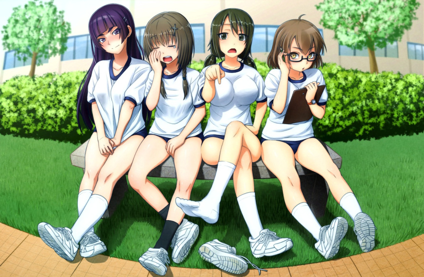 4girls adjusting_glasses bangs bench black_legwear blunt_bangs braid brown_eyes brown_hair bush chestnut_mouth clipboard closed_eyes covering covering_crotch crying d: dokidoki_yandemic feet glasses grass gym_uniform hair_ornament legs_crossed long_hair multiple_girls open_mouth outdoors pen pointing purple_hair shirt_pull shoes shoes_removed single_shoe sitting sneakers socks swept_bangs tears twintails violet_eyes white_legwear x_hair_ornament yawning zenzai_(zenzaio72)
