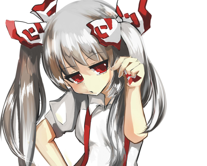 1girl alternate_hairstyle bow breasts chidori_nekoro collared_shirt fujiwara_no_mokou hair_bow hand_on_hip jitome looking_to_the_side parted_lips red_eyes shiny shiny_hair shirt short_sleeves simple_background small_breasts solo suspenders touhou twintails white_background white_shirt