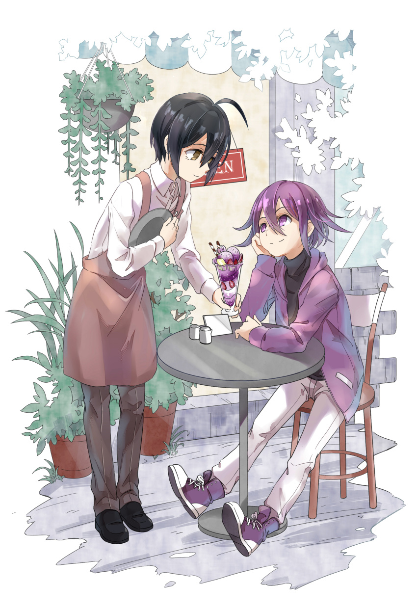 2boys absurdres ahoge alternate_costume black_footwear black_hair black_shirt brown_apron brown_eyes brown_pants building chair cinnamon_stick closed_mouth collared_shirt dangan_ronpa flower_pot food fruit full_body hair_between_eyes hand_on_own_cheek highres holding holding_tray ice_cream jacket long_sleeves looking_up male_focus multiple_boys new_dangan_ronpa_v3 open_clothes open_jacket ouma_kokichi outdoors pants plant potted_plant purple_footwear purple_hair purple_jacket saihara_shuuichi shiny shiny_hair shiro_q~ shirt shoes sign sitting smile standing storefront strawberry table tray violet_eyes waiter white_pants white_shirt wing_collar