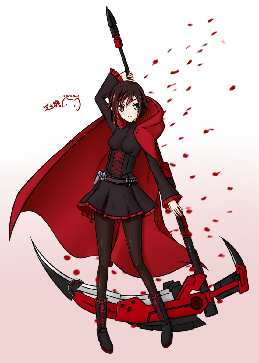 1girl artist_name belt boots cape cloak corset cross-laced_footwear dress frilled_skirt frills full_body gradient gradient_background gradient_hair grey_eyes highres hood hooded_cloak lace-up_boots multicolored_hair pantyhose petals ppshex redhead ruby_rose rwby scythe short_hair skirt solo