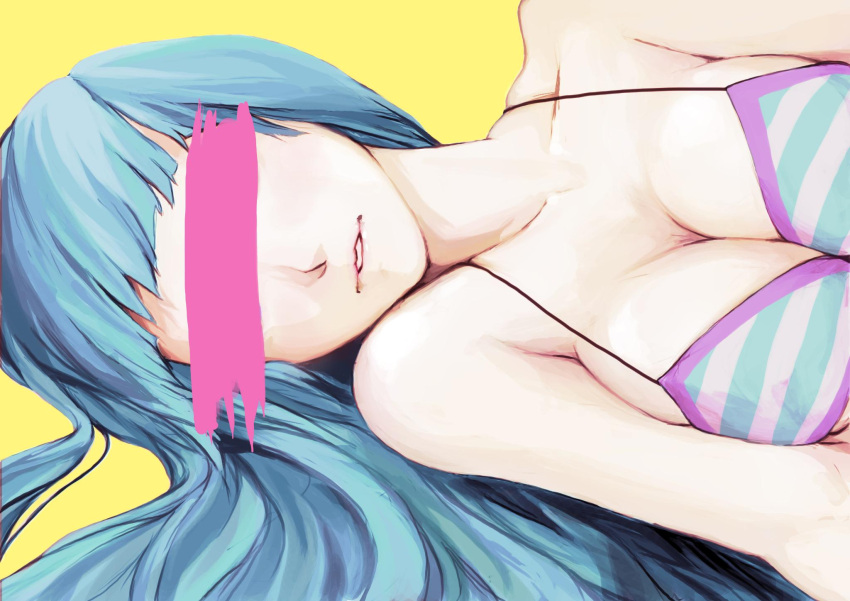 1girl bikini blue_hair breasts censored cleavage collarbone highres identity_censor lying me!me!me! meme_(me!me!me!) on_side saaiiro solo striped striped_bikini swimsuit upper_body