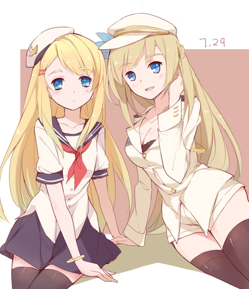 2girls :d aiguillette arm_support black_bra black_legwear blonde_hair blue_eyes blue_skirt blush bra bracelet breasts buttons cleavage closed_mouth collarbone cowboy_shot dated eyebrows eyebrows_visible_through_hair hair_tie hat highres jacket jewelry lexington_(zhan_jian_shao_nyu) long_hair long_sleeves looking_at_viewer military_hat multiple_girls open_mouth outside_border pleated_skirt sailor sailor_collar saratoga_(zhan_jian_shao_nyu) shirt short_sleeves shorts simple_background sitting skirt smile thigh-highs tongue touming_renjian underwear white_hat white_jacket white_shirt white_shorts zhan_jian_shao_nyu