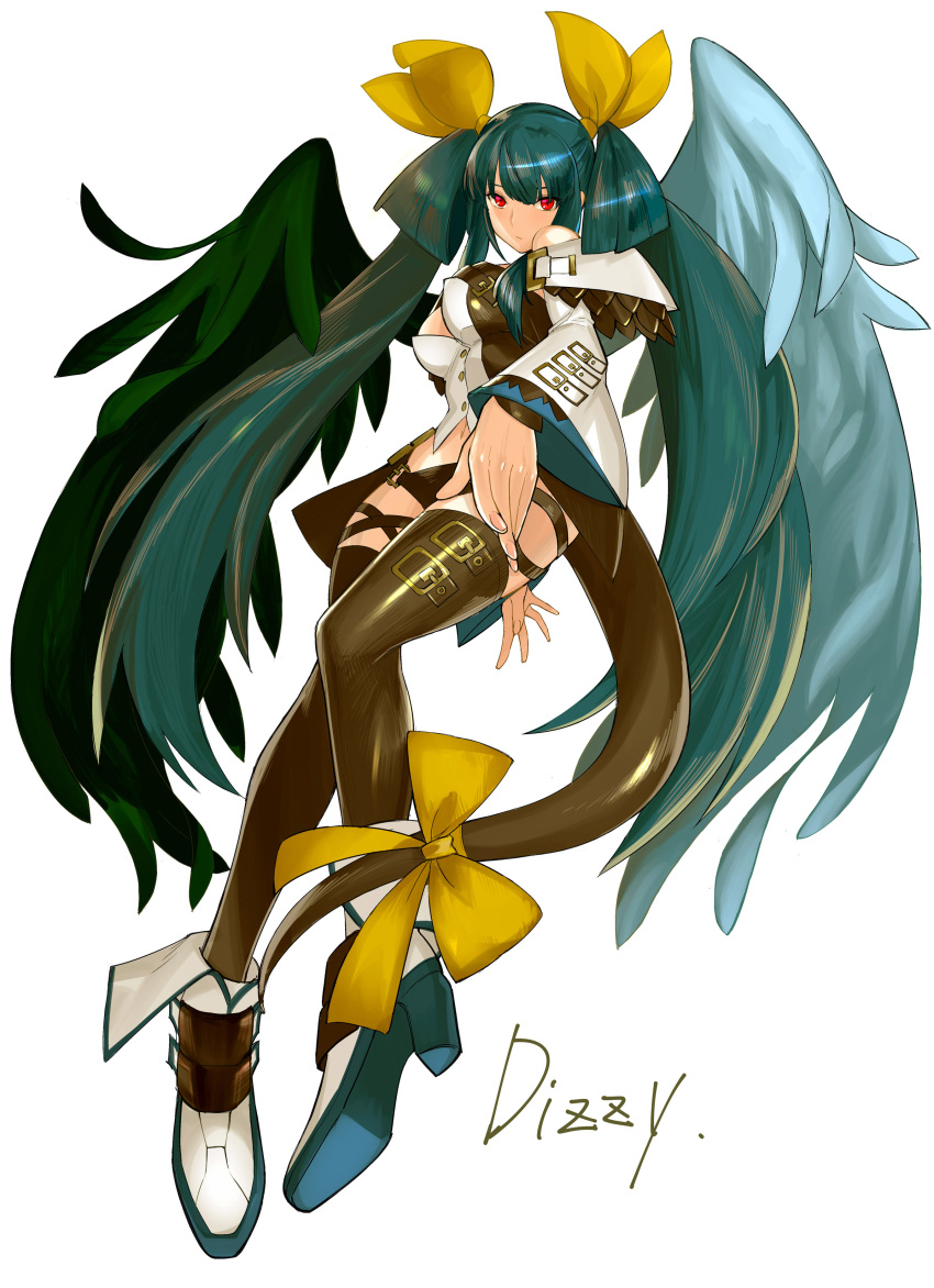 1girl absurdres asymmetrical_wings bare_shoulders blue_hair breasts dizzy guilty_gear highres large_breasts long_hair looking_at_viewer red_eyes ribbon solo tail tail_ribbon tetsu_(kimuchi) thigh-highs wings