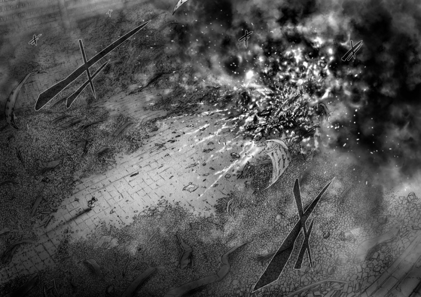 1girl animal_ears dress explosion firing greyscale imizu_(nitro_unknown) inaba_tewi monochrome no_text rabbit_ears touhou zoom_out