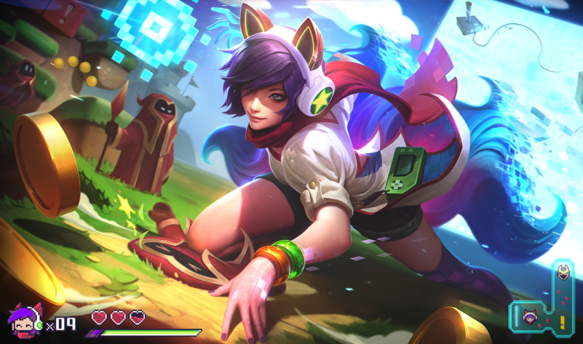 &gt;_&lt; 1girl ^_^ ahri alex_flores all_fours alternate_costume animal_ears arcade_ahri bangle black_shorts blue_eyes bracelet brown_gloves closed_eyes closed_mouth clouds coin controller dutch_angle fake_screenshot final_boss_veigar fox_ears fox_tail gloves glowing glowing_hand grass hair_over_one_eye handheld_game_console headphones health_bar heart holding holding_weapon hood jewelry joystick league_of_legends mole mole_under_eye multiple_tails nail_polish number official_art on_ground pixels polearm puffy_short_sleeves puffy_sleeves purple_hair purple_legwear purple_nails red_scarf riot_games robe scarf shirt short_shorts short_sleeves shorts single_thighhigh smile spear standing tail thigh-highs veigar weapon white_shirt |_|