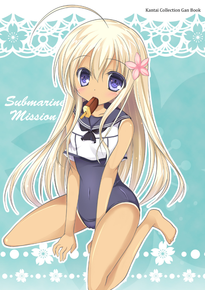 1girl blonde_hair blue_eyes crop_top flower hair_flower hair_ornament hibiscus highres kantai_collection mouth_hold one-piece_tan popsicle ro-500_(kantai_collection) rokugou_karasu sailor_collar school_swimsuit sitting swimsuit swimsuit_under_clothes tan tanline wariza