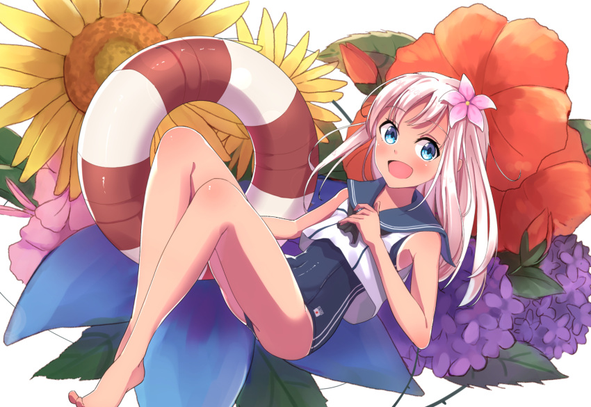 1girl blonde_hair blue_eyes crop_top flower hair_flower hair_ornament hibiscus highres hydrangea kantai_collection lifebuoy mitsukichi one-piece_tan ro-500_(kantai_collection) sailor_collar school_swimsuit smile solo standing sunflower swimsuit swimsuit_under_clothes tan tanline