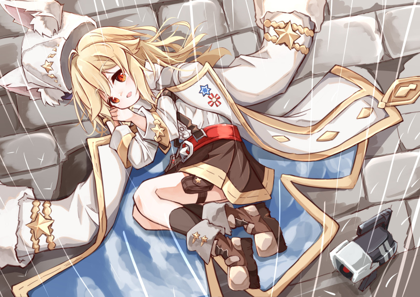 1girl absurdres animal_ear_fluff animal_ears animal_hat bangs blonde_hair boots brown_footwear brown_legwear brown_skirt commentary_request dinergate_(girls_frontline) eyebrows_visible_through_hair fur_hat girls_frontline hair_between_eyes hat highres jacket jacket_on_shoulders kneehighs long_hair long_sleeves looking_at_viewer lying matsuo_(matuonoie) nagant_revolver_(girls_frontline) on_side parted_lips pleated_skirt rain red_eyes robot shirt skirt white_headwear white_jacket white_shirt
