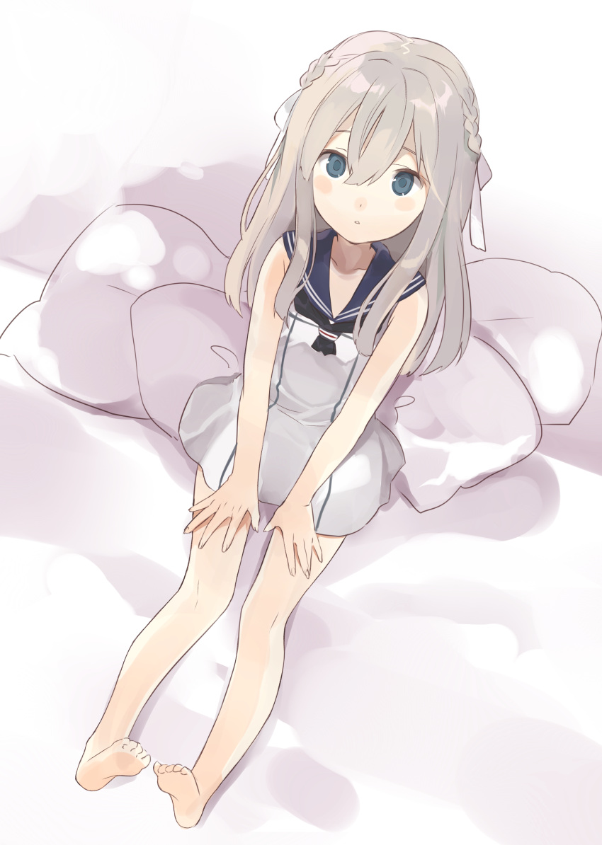 1girl absurdres alternate_costume barefoot bed_sheet blue_eyes breasts dress feet from_above hair_between_eyes hands_on_own_knees hasegawa_(rarairairai) highres kantai_collection long_hair looking_at_viewer neckerchief open_mouth sailor_collar silver_hair sitting small_breasts solo straight_hair u-511_(kantai_collection) white_dress