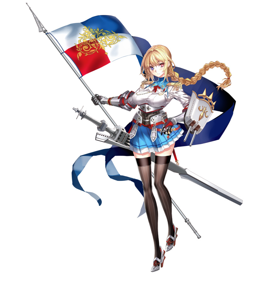 1girl aiguillette armor banner belt blonde_hair blue_eyes blue_skirt blush braid breasts brown_legwear cannon closed_mouth epaulettes flag fleur_de_lis full_body gauntlets hair_between_eyes hand_on_hip heterochromia high_heels highres holding jeanne_d'arc_(zhan_jian_shao_nyu) large_breasts long_hair long_sleeves looking_at_viewer machinery medal military military_uniform miyazaki_byou official_art pleated_skirt red_eyes red_ribbon ribbon rigging scabbard sheath shield shirt skirt solo standing striped striped_legwear sword thigh-highs thighs turret uniform vertical-striped_legwear vertical_stripes weapon white_background white_shirt zettai_ryouiki zhan_jian_shao_nyu