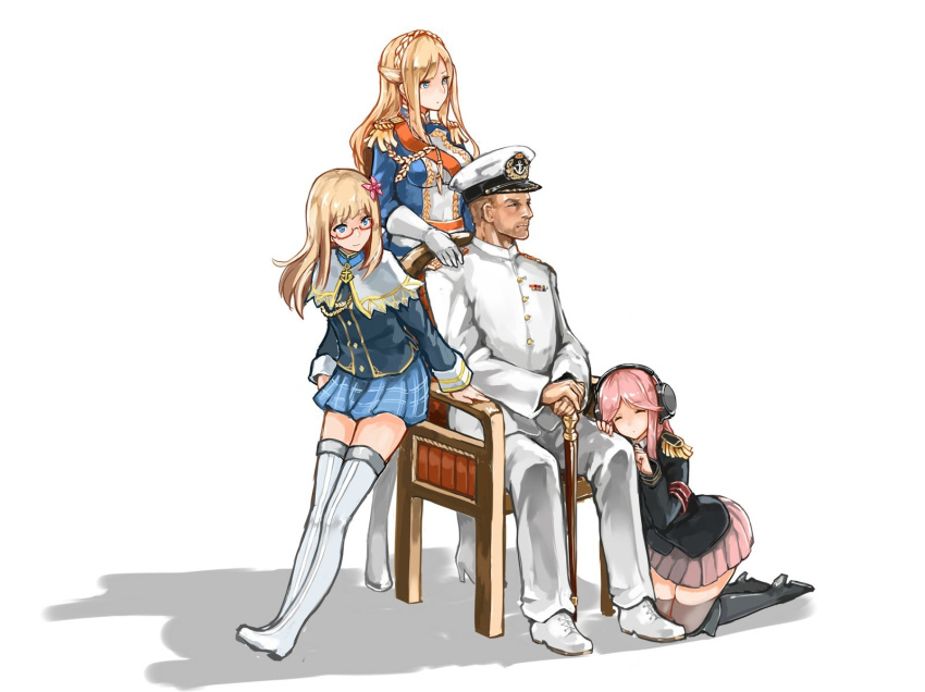 15k 1boy 3girls admiral_(zhan_jian_shao_nyu) aiguillette anchor arm_support armband black_boots black_jacket blonde_hair blue_eyes blue_jacket blue_skirt boots braid breasts buttons cane capelet chair closed_eyes crown_braid epaulettes flower french_braid full_body glasses gloves hair_flower hair_ornament hand_on_another's_leg hand_on_another's_shoulder hat headphones high_heel_boots high_heels highres holding hood_(zhan_jian_shao_nyu) jacket kneeling leaning_back long_hair long_sleeves looking_to_the_side military military_uniform multiple_girls pants peaked_cap pink_flower pink_hair pink_skirt pleated_skirt red-framed_eyewear richelieu_(zhan_jian_shao_nyu) sash shoes short_hair sitting skirt standing thigh-highs thigh_boots tirpitz_(zhan_jian_shao_nyu) uniform very_short_hair white_background white_boots white_gloves white_hat white_jacket white_legwear white_pants white_shoes zettai_ryouiki zhan_jian_shao_nyu