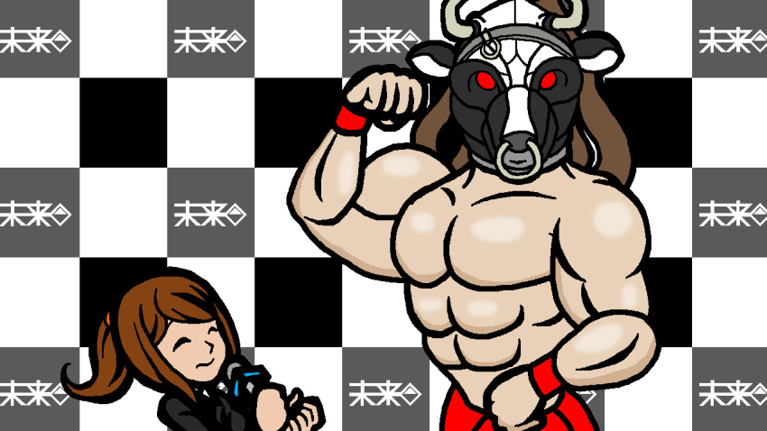 1boy 1girl asahina_aoi biceps clenched_hands closed_eyes dangan_ronpa dangan_ronpa_3 flexing great_gozu hir_(crimson-396) interview microphone minna_no_rhythm_tengoku muscle nose_ring parody ponytail pose rhythm_tengoku shirtless smile style_parody wrestler wrestling_mask wristband