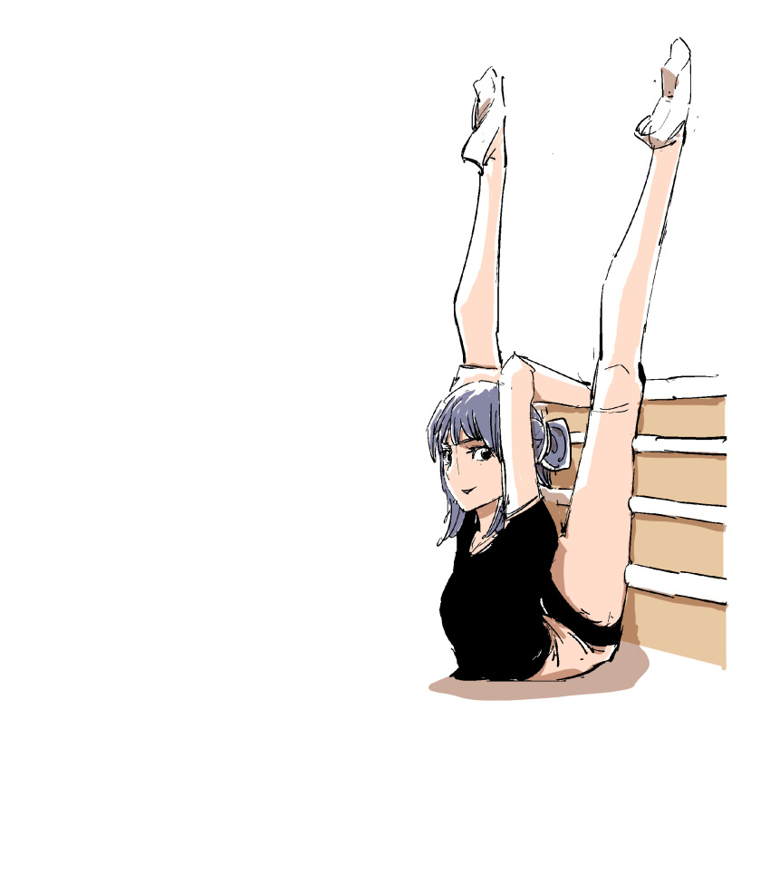 1girl arched_back arm_support female flexible full_body legs_up light_smile looking_at_viewer on_stomach simple_background solo tnsdl85 white_background yoga