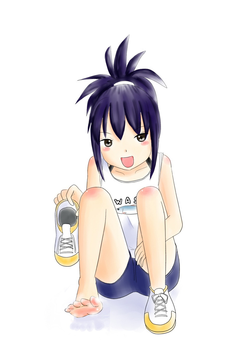1girl barefoot blue_hair brown_eyes feet holding_shoes long_hair looking_at_viewer manam ponytail shoes_removed shorts single_shoe sitting soles source_request spiky_hair steam toes