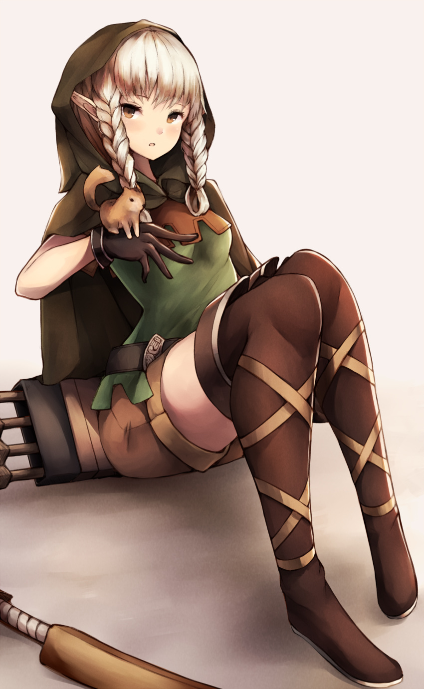 1girl :o animal animal_on_hand belt black_gloves blush boots braid brown_boots brown_eyes brown_legwear cloak dragon's_crown elf elf_(dragon's_crown) full_body gloves highres hood inaba_sunimi knees_up looking_at_viewer parted_lips pointy_ears quiver short_hair shorts sidelocks silver_hair sitting solo squirrel thigh-highs thigh_boots twin_braids