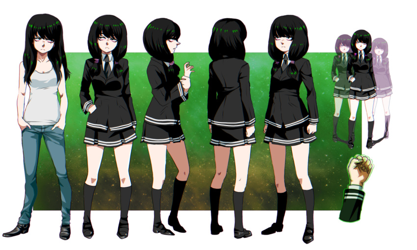 1girl aura black_eyes black_hair breasts character_sheet cleavage clenched_hands collarbone costume_chart denim frown full_body hair_tie hand_in_pocket hands_in_pockets jcm2 jeans miniskirt multiple_views necktie original pants pleated_skirt school_uniform skirt socks tank_top transparent_background turnaround