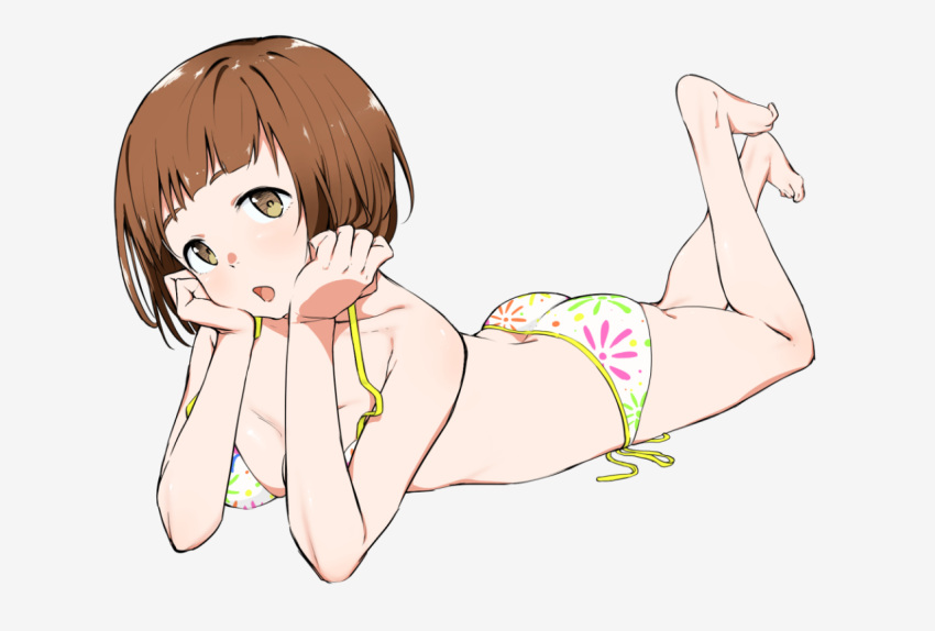 1girl all_fours ass bare_legs barefoot bikini breasts brown_eyes brown_hair chin_rest feet full_body grey_background head_tilt idolmaster idolmaster_cinderella_girls kitami_yuzu looking_at_viewer lying medium_breasts on_stomach open_mouth print_bikini short_hair side-tie_bikini simple_background solo swimsuit telephoto the_pose toe_scrunch toes