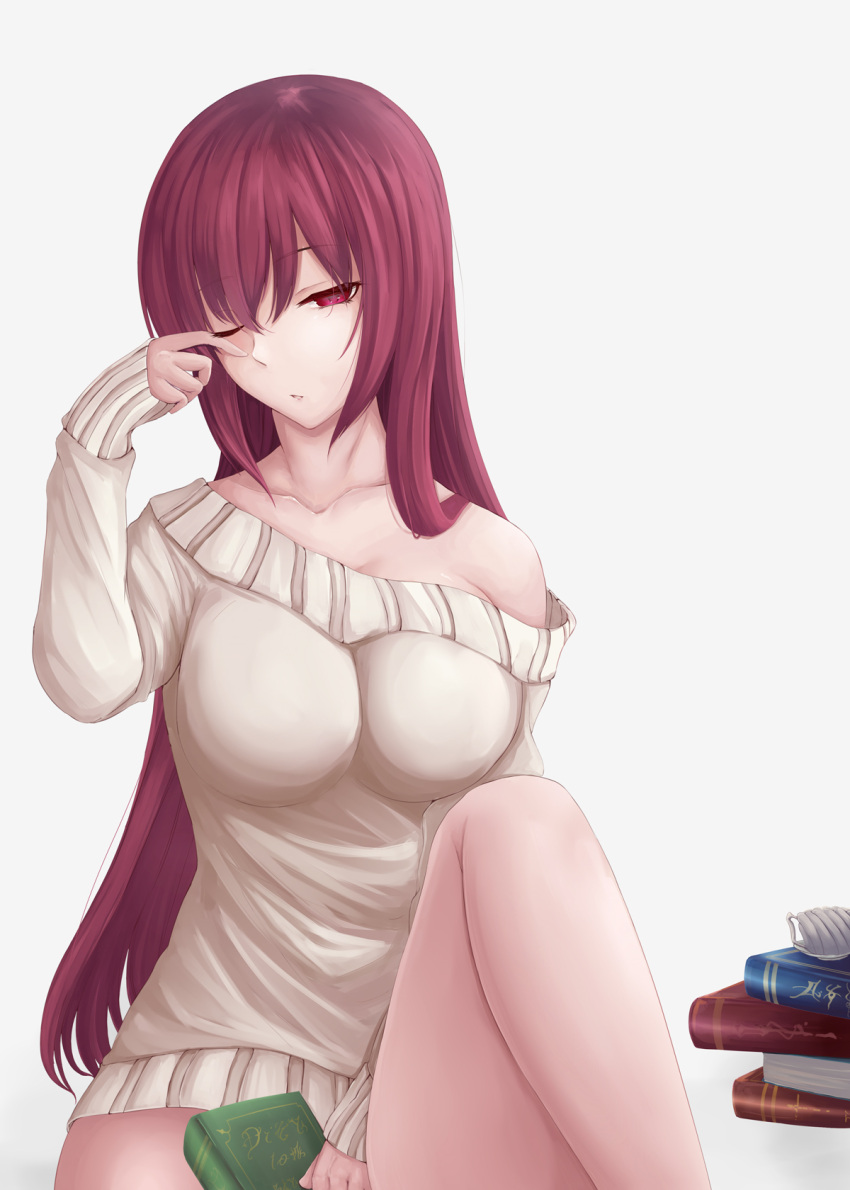 1girl book breasts fate/grand_order fate_(series) highres large_breasts long_hair mirufi-yu off_shoulder one_eye_closed purple_hair red_eyes rubbing_eyes scathach_(fate/grand_order) solo sweater
