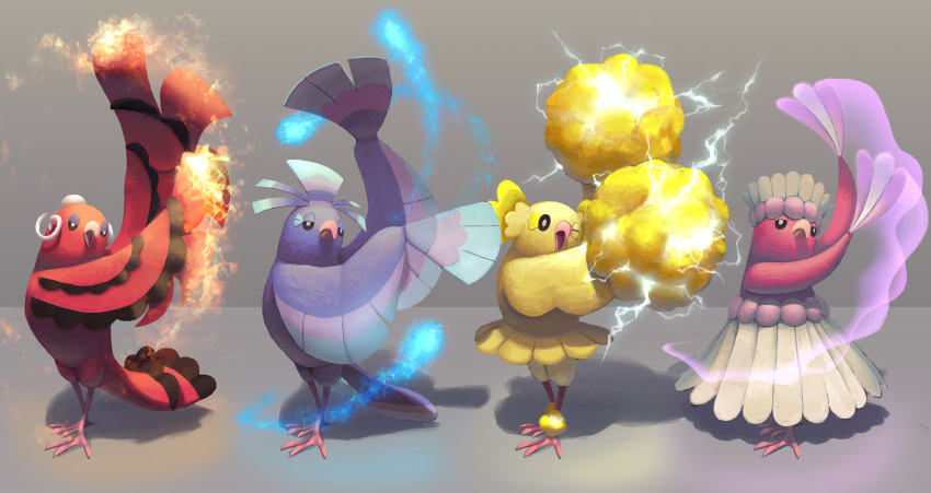 10s absurdres alternate_form bird blue_fire dancing electricity fire full_body grey_background highres multiple_persona no_humans one_eye_closed open_mouth oricorio oricorio_(baile_style) oricorio_(pa'u_style) oricorio_(pom-pom_style) oricorio_(sensu_style) pokemon pokemon_(creature) pokemon_(game) pokemon_sm pom_poms simple_background t@kuyoa wings