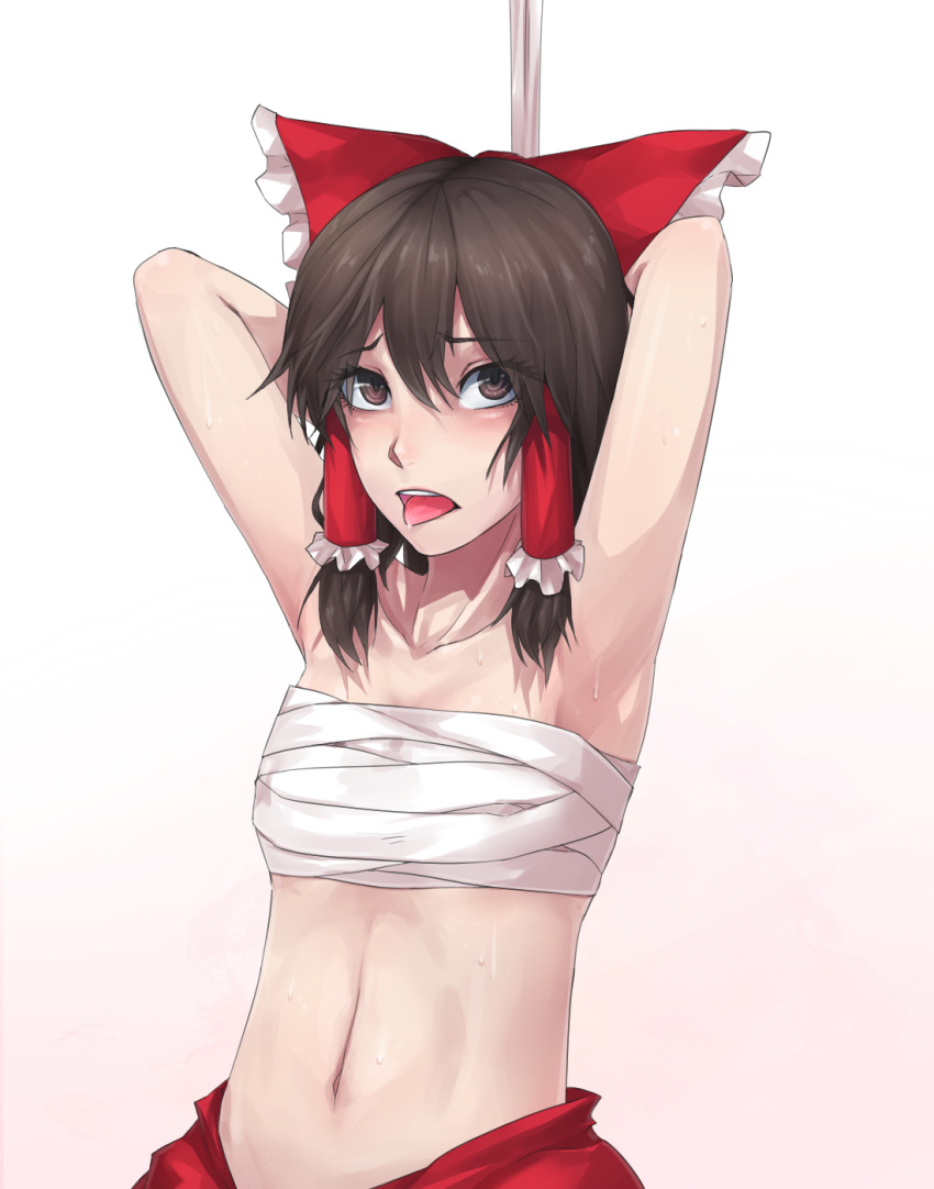1girl armpits arms_behind_head arms_up bow breasts brown_eyes brown_hair hair_bow hair_tubes hakurei_reimu highres ldl_(bcw1025) looking_at_viewer midriff navel open_mouth restrained sarashi small_breasts solo sweat tongue tongue_out touhou upper_body