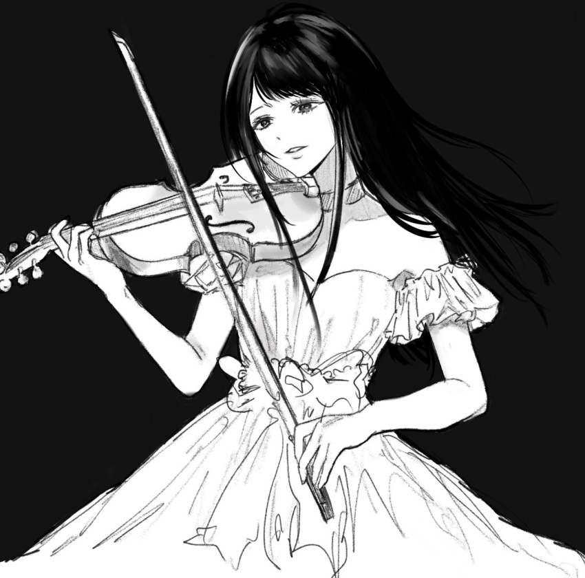 1girl 4tsukii bare_shoulders bow_(music) breasts choker commentary_request cowboy_shot dress english_commentary floating_hair gown greyscale highres holding holding_bow_(music) holding_instrument holding_violin instrument light_smile long_hair mixed-language_commentary monochrome music natsu_no_kusari off-shoulder_dress off_shoulder parted_lips playing_instrument shirai_mitsuki simple_background small_breasts solo violin