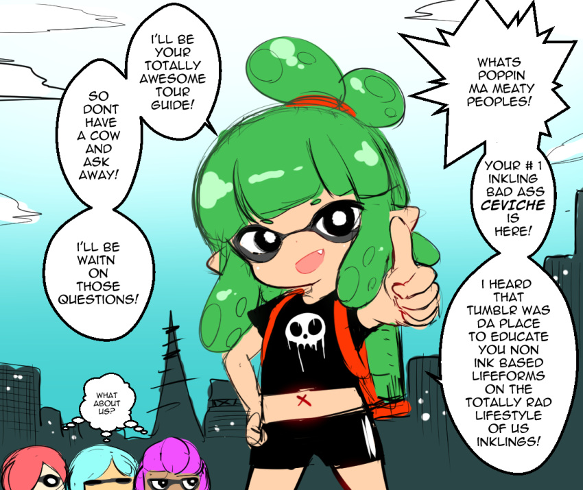 ! 4girls bike_shorts black_shirt born-to-die child clouds cowboy_shot domino_mask english fang inkling looking_at_viewer mask midriff multiple_girls navel nintendo outdoors pointy_ears shirt short_sleeves sky splatoon standing tentacle_hair thumbs_up