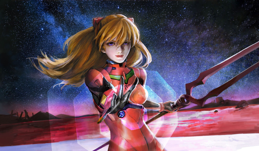 1girl at_field blonde_hair crossing end_of_evangelion highres lance_of_longinus lcl nebula neon_genesis_evangelion outstretched_arm plugsuit red_lips solo souryuu_asuka_langley star_(sky)