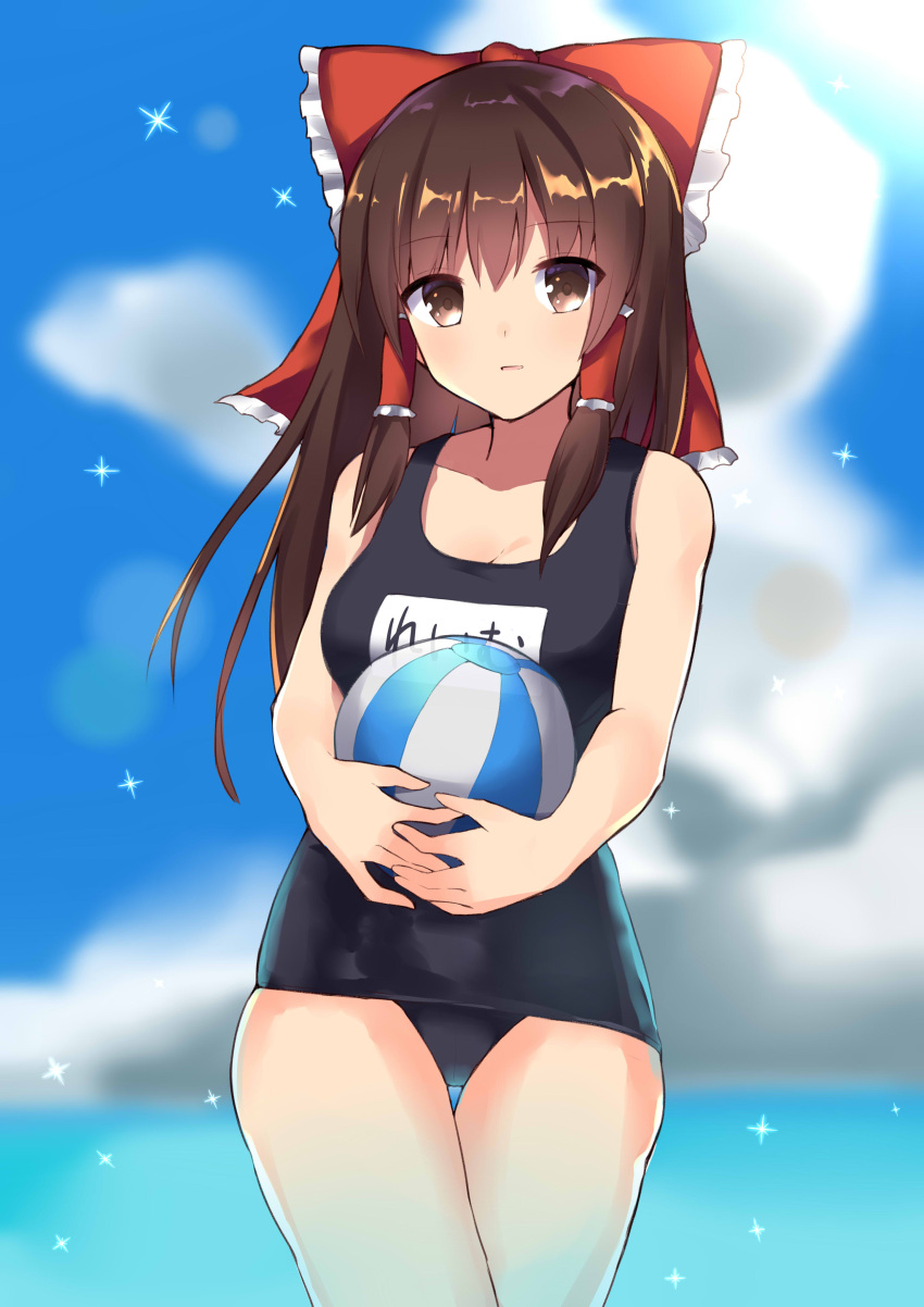 1girl absurdres alternate_costume ball beachball blue_sky bow brown_eyes brown_hair clouds hair_bow hair_tubes hakurei_reimu highres kanase_(mcbrwn18) long_hair ocean one-piece_swimsuit red_bow school_swimsuit sky solo swimsuit thigh_gap touhou