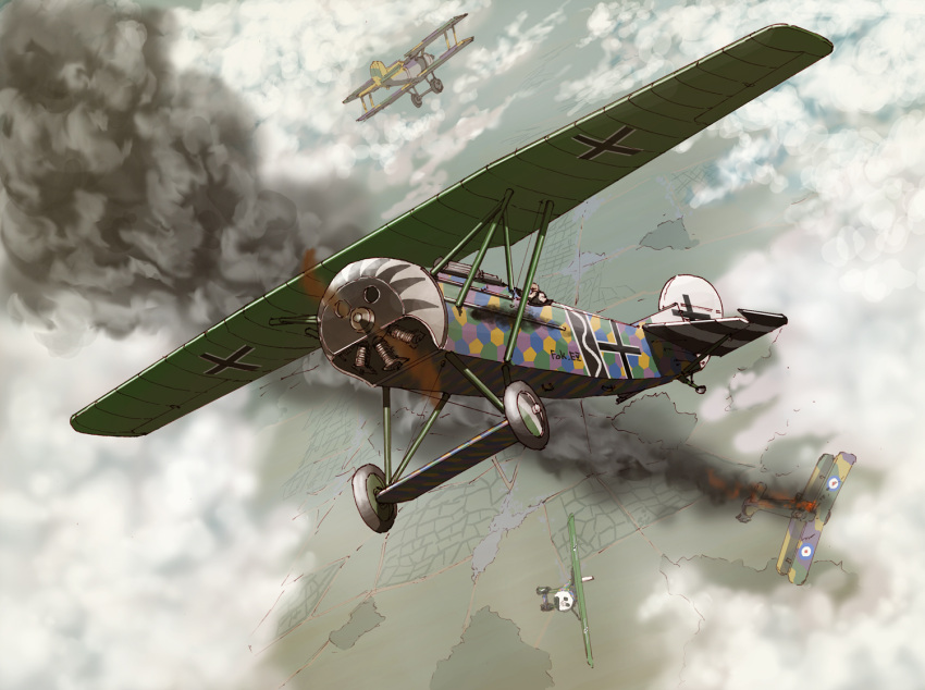 aircraft airplane clouds damaged earasensha flying fokker_d.viii military original smoke world_war_i