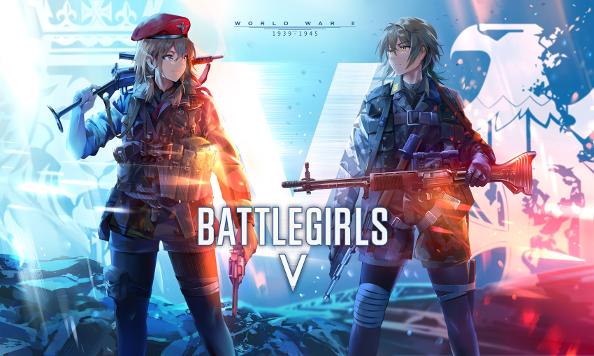 2girls ammunition_pouch battle_rifle battlefield_(series) battlefield_v beret binoculars bird blonde_hair bloom blue_eyes commentary_request crown eagle explosive fg42 grenade gun handgun hat highres iron_cross lion multiple_girls neko_(yanshoujie) original pantyhose pistol pouch red_headwear revolver rifle scope shorts standing sten_gun submachine_gun walther walther_p38 weapon webley_revolver world_war_ii yellow_eyes