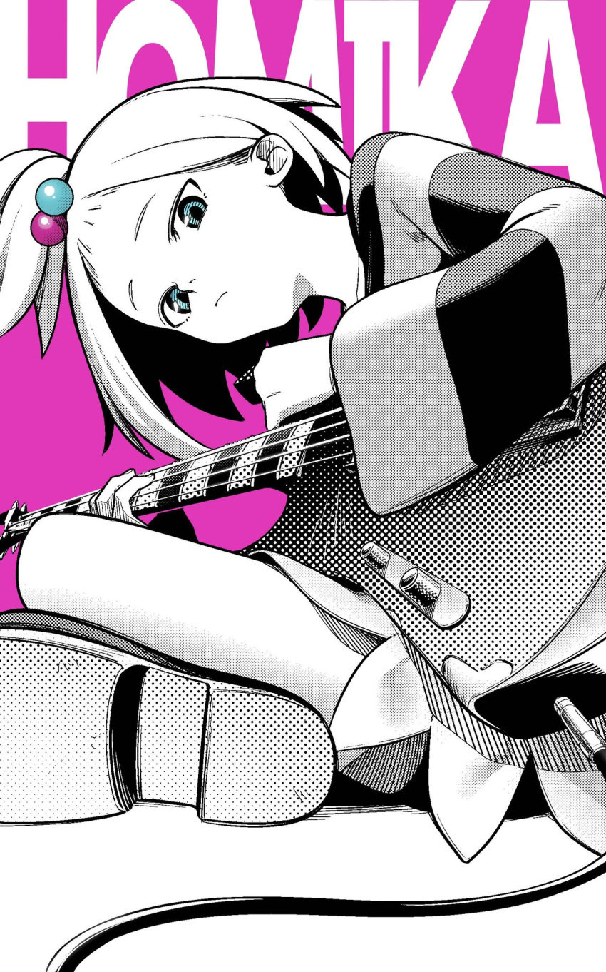 1girl aki_the_beast bass_guitar blue_eyes boots cable character_name closed_mouth commentary crossed_legs dress forehead greyscale_with_colored_background hair_bobbles hair_ornament highres holding instrument looking_at_viewer multicolored_hair_bobbles pink_background pokemon pokemon_bw2 roxie_(pokemon) short_hair simple_background solo spot_color striped_clothes striped_dress topknot white_hair