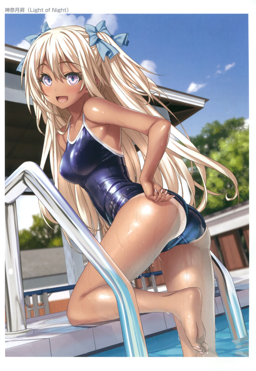 1girl :d absurdres adjusting_clothes adjusting_swimsuit arched_back ass barefoot blonde_hair blue_swimsuit blush bow breasts competition_school_swimsuit dark_skin dutch_angle feet fingernails hair_between_eyes hair_bow highres kannatsuki_noboru leaning_forward leg_up long_hair looking_at_viewer looking_back medium_breasts one-piece_swimsuit one-piece_tan open_mouth original outdoors pool pool_ladder poolside school_swimsuit shiny shiny_clothes shiny_skin skindentation smile soles solo swimsuit tan tanline two_side_up violet_eyes wading wet