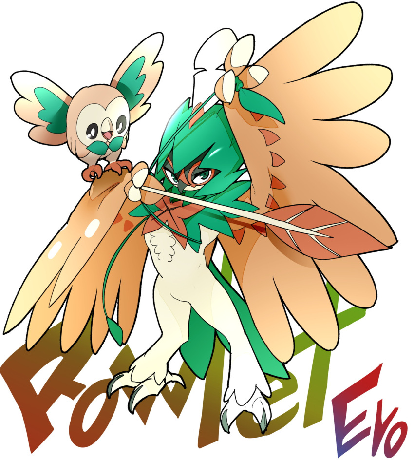 10s bird bow_(weapon) brown_feathers decidueye evolution highres no_humans owl pokemon pokemon_(game) pokemon_sm rowlet shigurio weapon