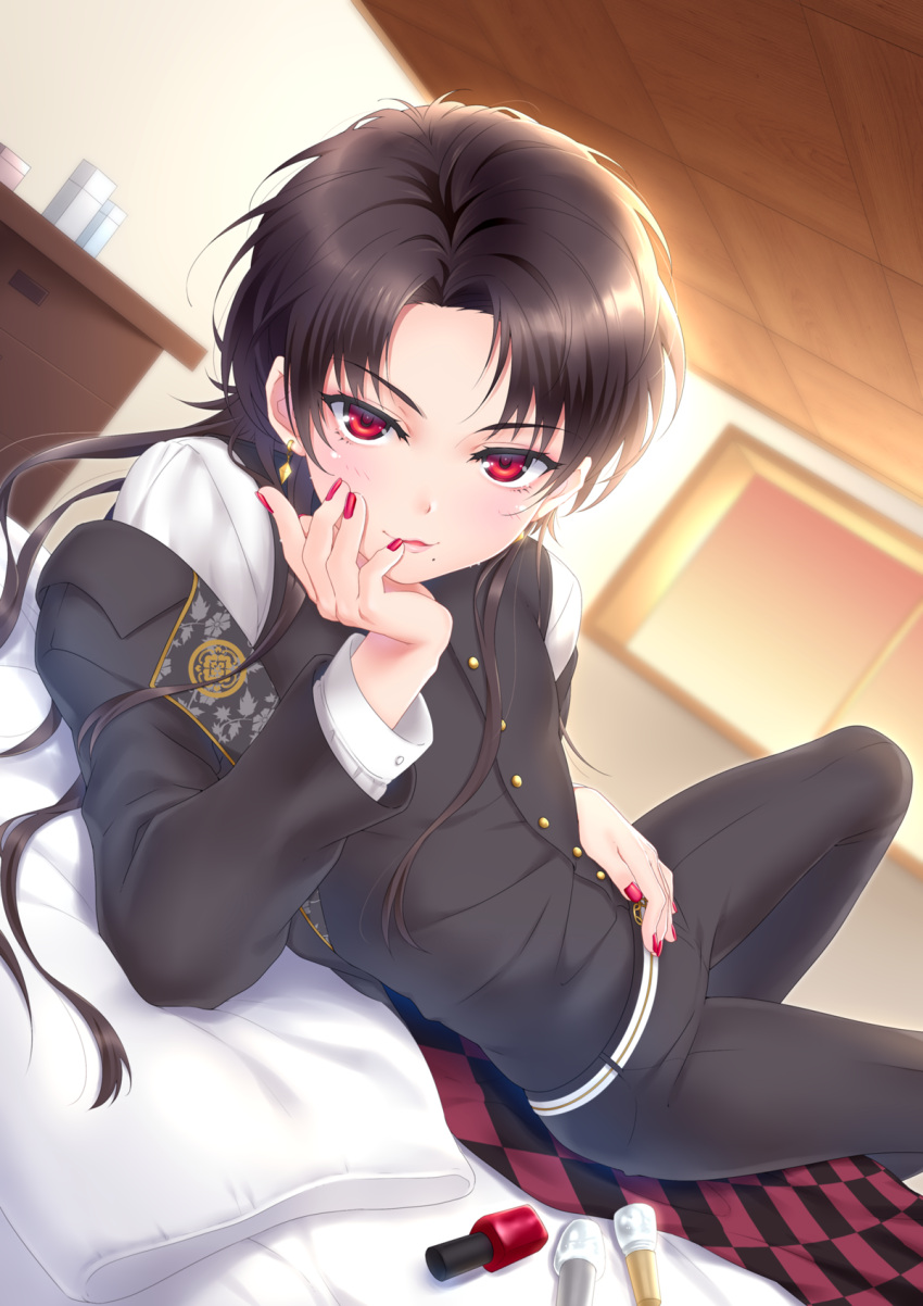 1boy blush brown_hair checkered come_hither dutch_angle earrings eyebrows eyebrows_visible_through_hair hair_down hand_on_own_cheek hand_on_own_stomach highres jewelry kashuu_kiyomitsu lips looking_at_viewer lying mole mole_under_mouth nail_polish on_bed on_side pillow red_eyes red_nails shelf shiromayu sunset touken_ranbu window