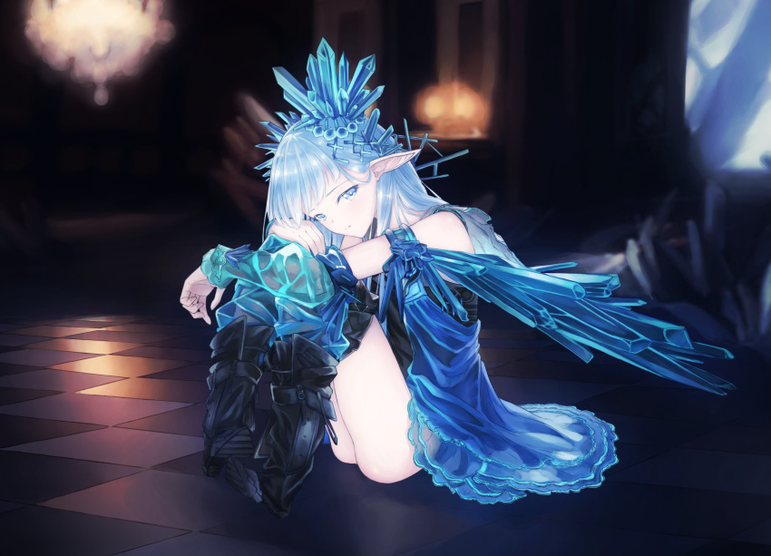 1girl armlet bangs bare_shoulders black_boots blue_eyes blue_hair blunt_bangs blurry blush boots checkered checkered_floor crystal depth_of_field detached_sleeves erin_(granblue_fantasy) full_body granblue_fantasy hair_ornament head_rest highres knees_up lantern long_hair looking_at_viewer on_floor pale_skin pigeon-toed pointy_ears see-through sitting solo wakaba_(945599620)